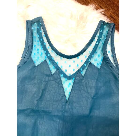 Awesome Teal Blue Cut Leather Sheer Mesh Back Rocker Vintage Sleeveless Top M - Picture 2 of 6